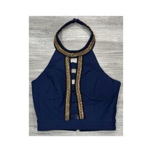 Elegant Navy Blue Halter Top with Gold Accents